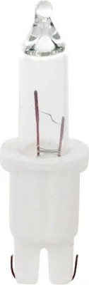A close-up studio shot of a small incandescent light bulb with a white plastic base.