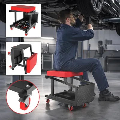 Productafbeelding van YARDIN multifunctionele werkbankkruk, die ook als opstapje kan worden gebruikt, met een robuust metalen frame, een beklede zitting en opbergvakken voor gereedschap, ideaal voor doe-het-zelvers en hobbyisten