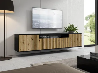 Produktbild von Wandschrank RTV 200 cm PANAMA Fronten Eiche artisan, 4 geräumige Regale, Fach für den Receiver, Lowboard Hängend, TV Möbel, Push-Open - Eiche, Schwarz