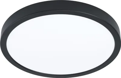 A round, black and white LED ceiling light is shown against a white background.