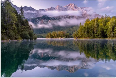 Produktbild von ARTland Wandbild Alu für Innen & Outdoor Sonnenaufgang, Eibsee mit Zugspitzblick Größe: 30x20 cm