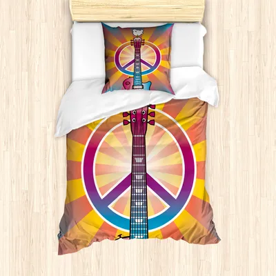 Produktbild von ABAKUHAUS Retro Mantele, Gitarren-Frieden, Milbensicher Allergiker geeignet mit Kissenbezügen, 135 cm x 200 cm - 80 x 80 cm, Mehrfarbig
