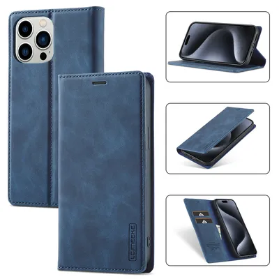 Immagine prodotto di Custodia in pelle per iPhone 15 Pro Max, con funzione stand e portacarte, custodia design a portafoglio blu