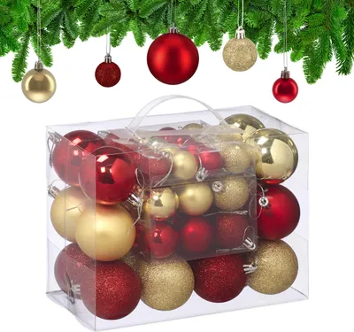Produktbild von Relaxdays Weihnachtskugeln 50er Set, Weihnachtsdeko, matt, glänzend, glitzernd, Christbaumkugel ∅ 3, 4 & 6 cm, gold/rot