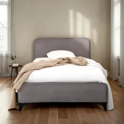 Produktbild von Polsterbett LAVORO Einzelbett 90x200, grau - Bett mit Lattenrost und Samtstoffbezug, Bettgestell mit gepolstertem Kopfteil, modernes Design, Robuster Holzrahmen & Metallbeine