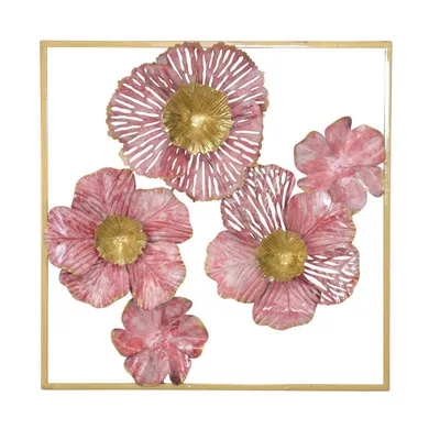 Produktbild von Wanddekoration Ronja Metall Blütenmotive quadratisch gerahmt flamingo/goldfarben 50x50x5 cm