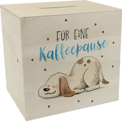 Produktbild von Relaxter Hund Spardose aus Holz mit Spruch Für eine Kaffeepause