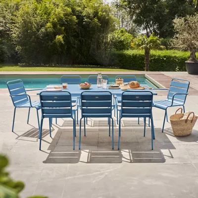 Image de Ensemble table de jardin et 8 fauteuils en métal bleu pacific  - Oviala Palavas