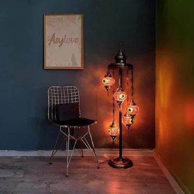 Produktbild von Türkische Stehlampe mit 5 handgefertigten Mosaikgläsern – Orientalische Bodenlampe in Multicolor