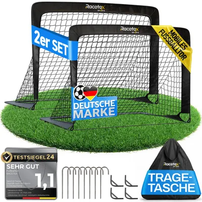 Produktbild von Racetex 2er Fußballtor Kinder Set - Fußball Tore inkl. nützlicher Tasche zum Transportieren - Version mit verstärkten Glasfaserstangen - Schwarz