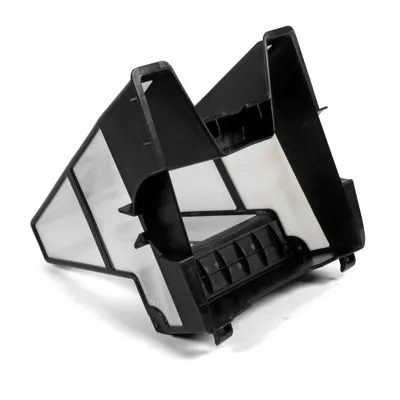 A black and white plastic filter basket is shown against a white background.
