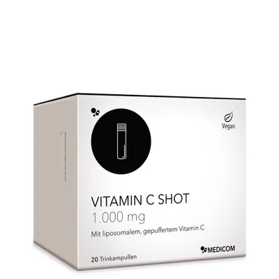 Produktbild von Medicom Vitamin C Shot 1.000 mg, Liposomales & Gepuffertes Vitamin C im Trinkformat, Hochdosiert, Immunsystem & Energie. Vegan – 20 Trinkampullen