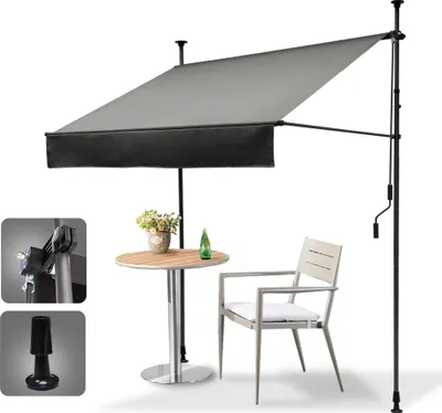 Produktbild von Grandekor Klemmmarkise Markise Balkon (350 cm x 125 cm) Grau mit Handkurbel, Balkonmarkise ohne Bohren, Sonnenschutz und wasserdicht, UV-beständig und höhenverstellbar