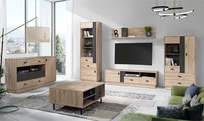 Produktbild von Wohnzimmermöbel-Set mit 2 Vitrinen, Sideboard & Couchtisch in Eiche Nb., modern 6-teilig ANTIGUA-133
