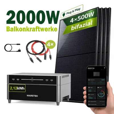 Produktbild von Balkonkraftwerk 2000W mit 2,12 kWh Speicher Marstek Venus A 4×500W Bifaziale Solarmodule komplett Steckdose PV Solaranlage Solarspeicher WLAN-App