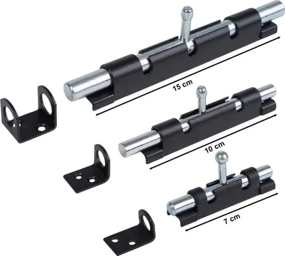 Three black and silver barrel bolts of different sizes are displayed on a white background, along with their corresponding mounting brackets.