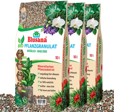 Produktbild von Blusana Mineralisches Pflanzsubstrat 30 Liter (3 x 10 l) vorgedüngt Körnung 2-5mm Hydrokultur-Substrat Bims-Zeolith-Ton Granulat-Mix Zimmerpflanzen Semi-Hydro Balkon Terrasse