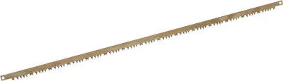 A long, thin saw blade with teeth on one edge, presented against a white background.