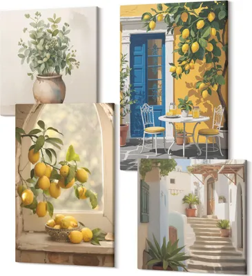 Produktbild von Leinwandbild Set 4-teilig – Modernes Wandbild – Polycanvas Kunstdruck – Abstrakte Bilder – Hochwertige Wandkunst – 2x 40x40 cm + 2x 40x60 cm – Zitronen in der Stadt der italienischen Architektur