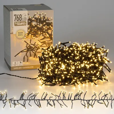 A box of LED cluster lights and a tangled bunch of the lights themselves are displayed on a light gray background.
