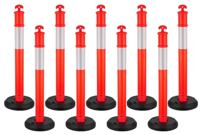 Obrázok produktu pre VEVOR dopravné vymedzovacie stĺpiky 9 ks (114 cm) s vyplniteľnou základňou a reflexnými pásmi, výstražné stĺpiky na staveniská, parkoviská, zábrany na kontrolu davu, červené