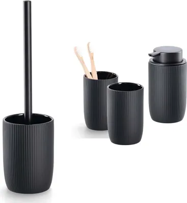 Produktbild von 4-teiliges Badezimmer-Set Keramik schwarz, Badzubehör-Set besteht aus: Seifenspender, 2x Zahnputzbecher, WC-Bürste, moderne Badausstattung von Zeller