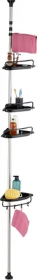 Image de Étagère de douche télescopique Relaxdays, H : 99–311 cm, sans perçage, à fixation par serrage, pour coin, 4 étagères, barre porte-serviettes, noir