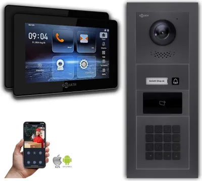Produktbild von Goliath IP Video Türsprechanlage mit Kamera 7-Zoll Zahlencode RFID Anthrazit : Unterputzdose : 7 Zoll in Schwarz : 2 Monitore Anzahl: 2 Monitore Farbe: 7 Zoll in Schwarz Montage: Unterputzdose