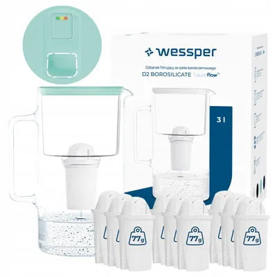 Obrázok produktu pre Kanvica na filtrovanie vody Wessper D2 BOROSILICATE futureflow™ 3 l, mätová – s 10 filtrami AquaClassic