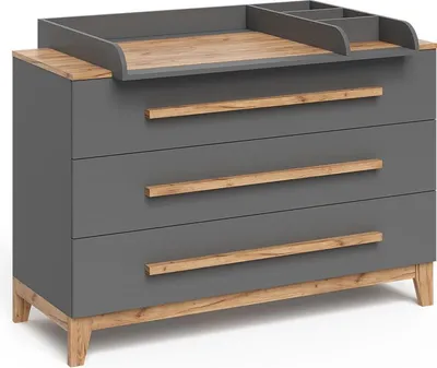 A gray dresser with wooden accents and a changing table topper.