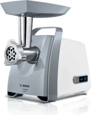 A white and gray Bosch meat grinder is shown against a white background.