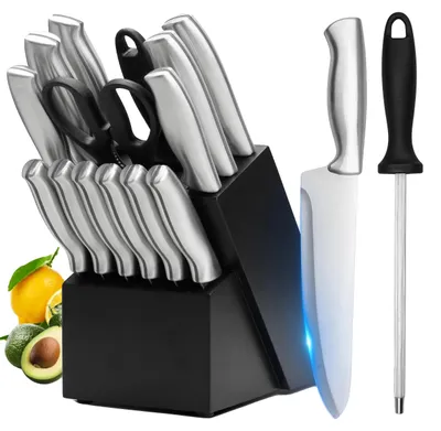 Productafbeelding van Keukenmes set, roestvrijstalen messen, 15-delige set, koksmes, precisieklinge, ergonomische handgreep