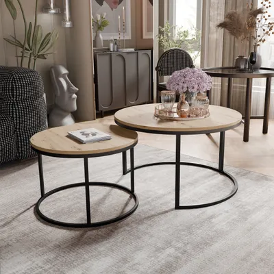 Produktbild von Idohome - Runder Couchtisch 2in1 LAVO mit Metalgestell, 80x48 cm+60x42 cm (Ø x H) Farbe: Schwarz / Artisan