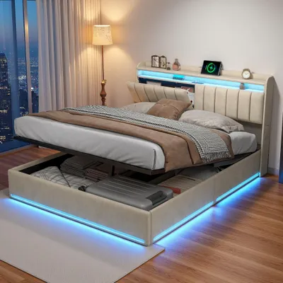 Immagine prodotto di Il letto imbottito ProximaX Modern Beige Velvet misura 160x200 cm ed è dotato di illuminazione a LED, porte di ricarica USB e Type-C, testata con spazio di archiviazione e ampio contenitore: un letto matrimoniale elegante e pratico.