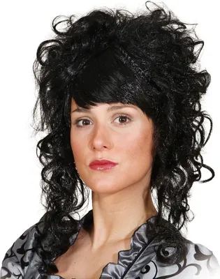 Schwarze Perücke mit Locken für Damen seitlich von Vorne