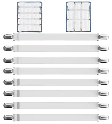 Produktbild von Verstellbare Bettlakenklammern, 8 Stück, 55-250 cm, elastische Bettlakenklammern, weiß, mit Metallklammern, für Bettlaken, Matratzen, Bügelbretter oder Sofas.