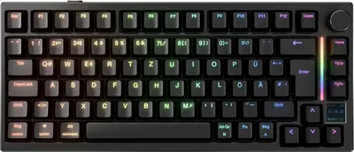 A black mechanical keyboard with RGB lighting.