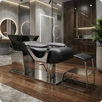 Produktbild von Waschliege Camila für Friseur- & Barbiersalon – Mit neigbarem Keramikbecken, Waschsessel & Armatur