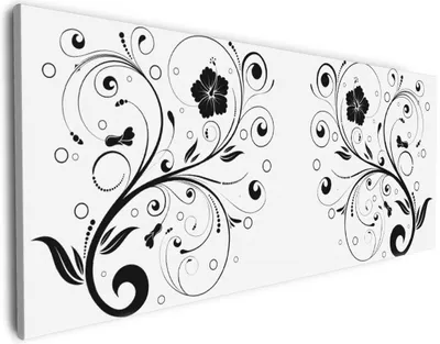 Produktbild von Wallario Premium Leinwandbild Schnörkelmuster in schwarz weiß mit Blumen und Kreisen in Größe 80 x 200 cm