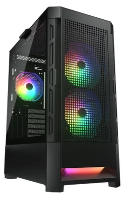 A black computer tower with RGB lighting.