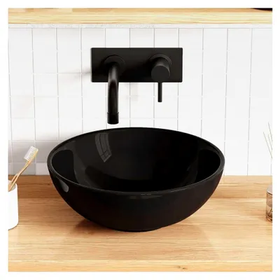 Produktbild von Waschbecken Schwarz Glänzend Ø28x10 cm Keramik, Spülbecken, Aufsatzbecken, Becken Badezimmer, Waschtischbecken