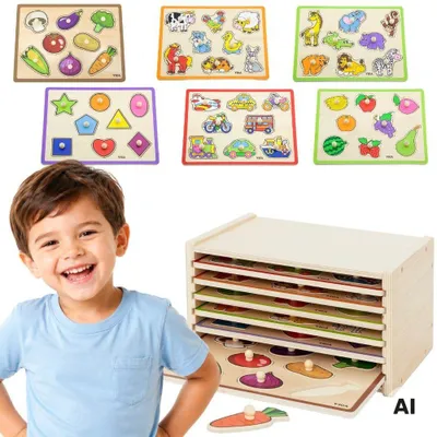 Zdjęcie produktu dla Puzzle drewniane Viga z uchwytami i półką 7 szt.