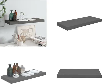 A floating shelf is shown in a studio setting, with a second image showing a similar shelf with decorative items on it.