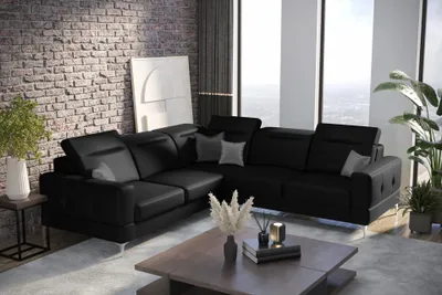 Produktbild von Ecksofa Malibu Max 250x250 cm mit Schlaffunktion, Kunstleder Madryt, Verstellbare Kopfstützen & Armlehne - Schwarz, Rechts