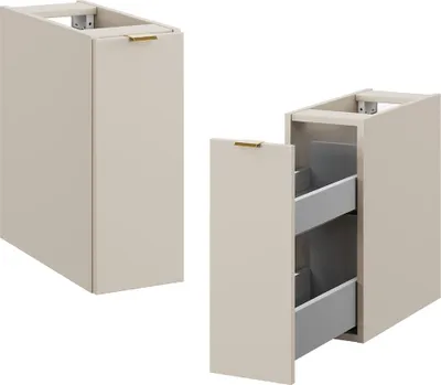 Two views of a beige bathroom vanity cabinet with gold handles and gray drawers.
