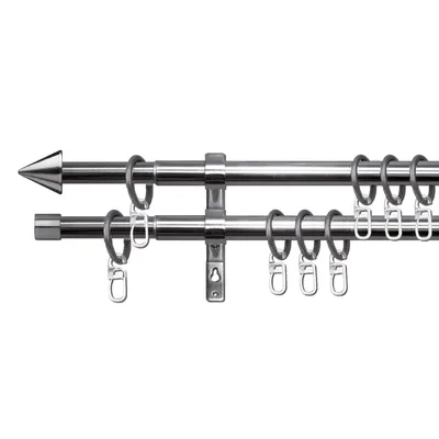 Obrázok produktu pre Dvojitá záclonová tyč Palma v nerezovom vzhľade, Ø 16 mm, 120–230 cm – kovová výsuvná záclonová tyč, kompletná sada vrátane príslušenstva, na záclony