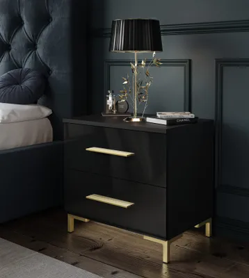 Produktbild von Nachttisch LINA GOLD mit Beinen Hochglanz, Schwarz / Schwarz Hochlglanz
