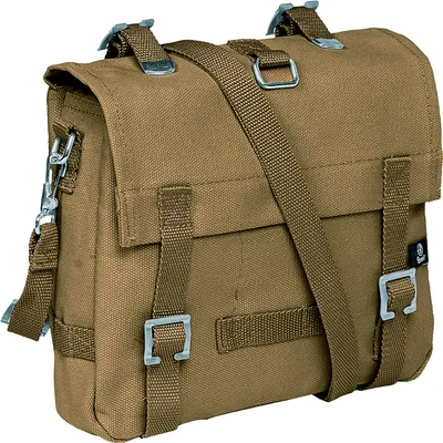 A studio shot of a small, brown messenger bag.