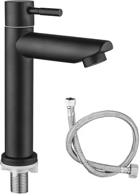 Immagine prodotto di Unyqoos® Rubinetto monocomando in acciaio inossidabile (304) nero per acqua fredda – Ideale per lavabi in bagno, toilette per ospiti e lavanderie, completo di accessori per il montaggio