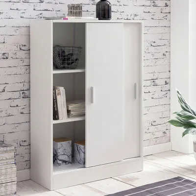 Obrázok produktu pre Komoda FineBuy, biela, šírka 60 cm, s 2 posuvnými dverami, vhodná do kancelárie, skriňa s posuvnými dverami, skriňa na dokumenty, príborník, šatníková skriňa